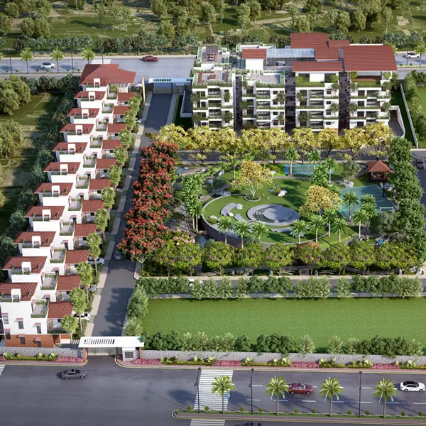 Aerial view of a residential complex featuring modern multi-story apartments, townhouses, landscaped gardens, and a circular central park with trees and seating areas.