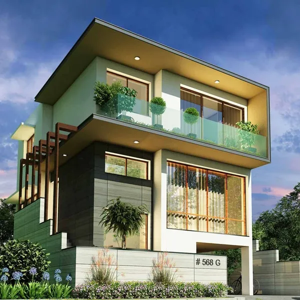 Modern two-story house with large windows, glass balcony, and potted plants at address #568 G.