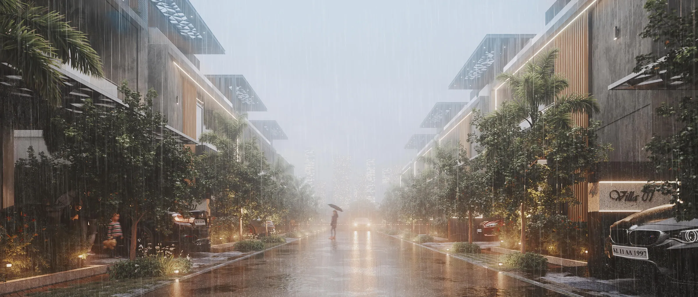 Rainy evening street view lined with modern villas and palm trees, with a person holding an umbrella and cars parked along the wet road.