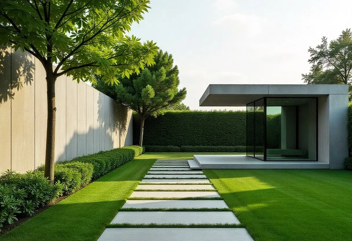 Modern minimalist garden with a concrete stepping stone path leading to a small pavilion surrounded by green trees and manicured grass.
