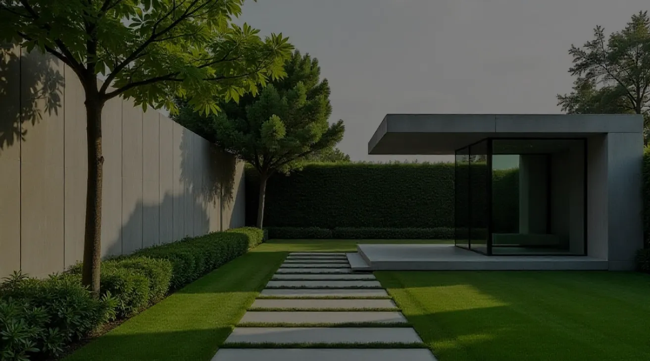 Modern minimalist outdoor patio with concrete slab steps, green lawn, trees, and a box-shaped glass and concrete shelter.