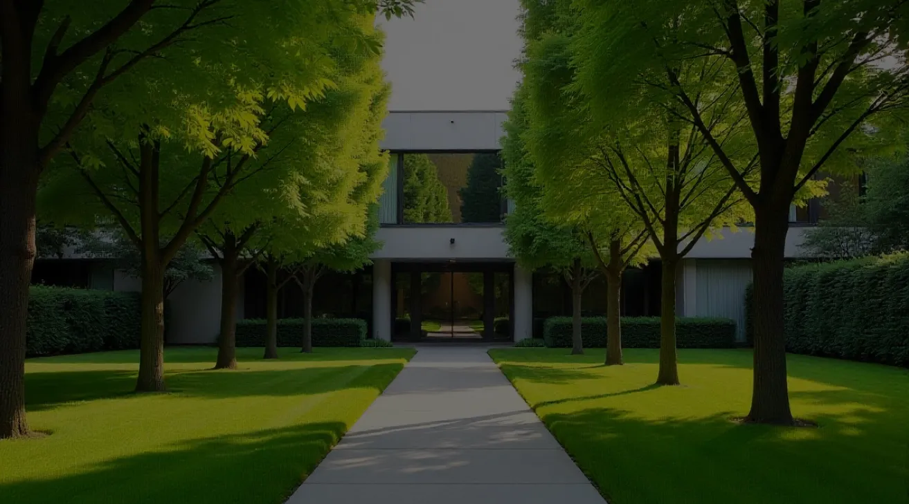 Pathway lined with green grass and trees leading to a modern building entrance with reflective glass doors.