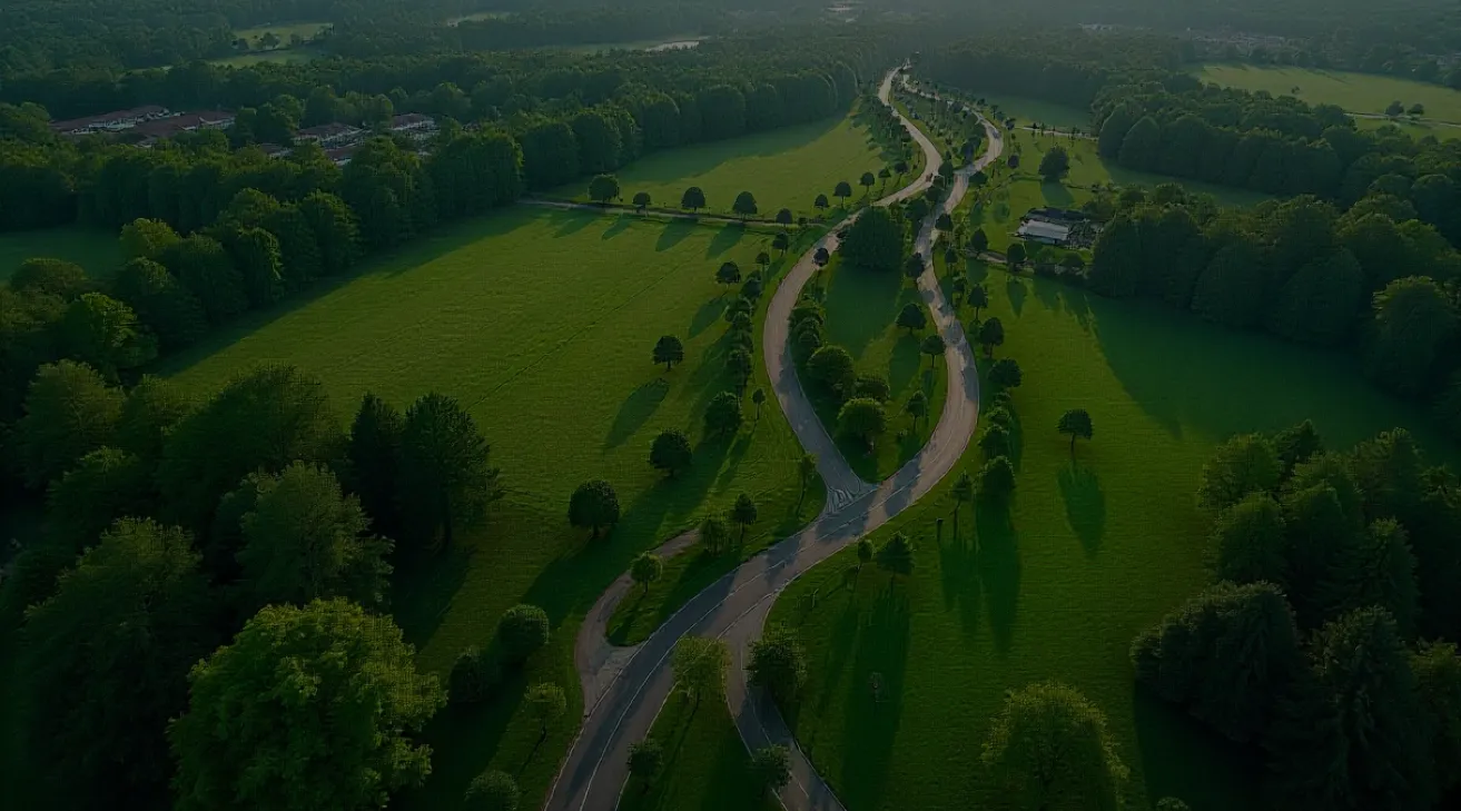 Aerial view of winding roads lined with trees through expansive green fields surrounded by dense forests.
