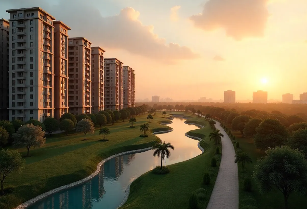 Sunset over a landscaped urban area with high-rise buildings, a winding canal, palm trees, and a walking path.