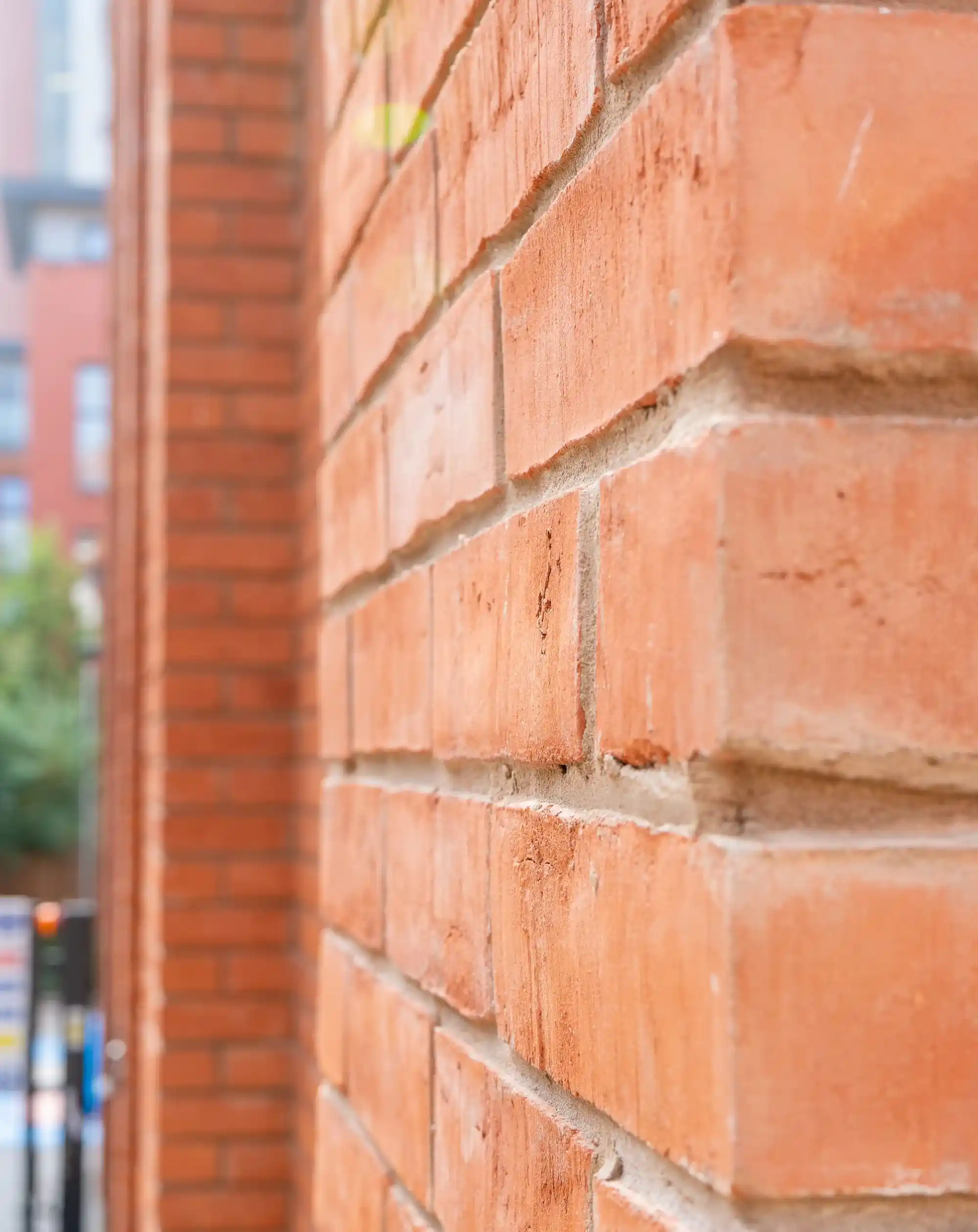 Close-up of a red brick wall showing texture and mortar joints in natural daylight.