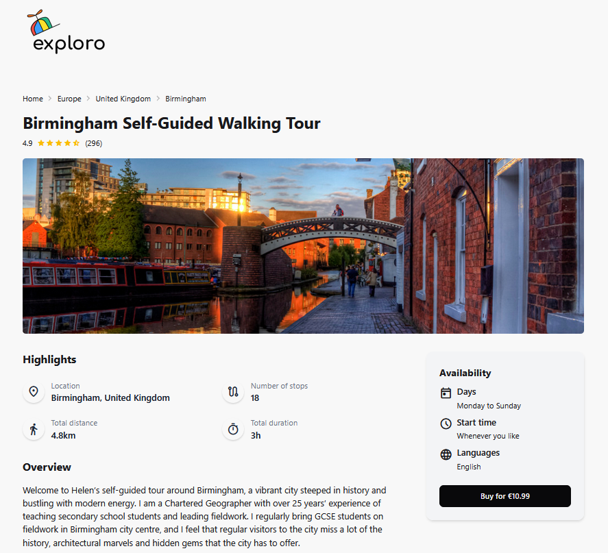 A webpage from Exploro.app showing the Birmingham tour. There is an image of Birmingham, showing Gas Street Basin during the evening, and highlights of the tour.