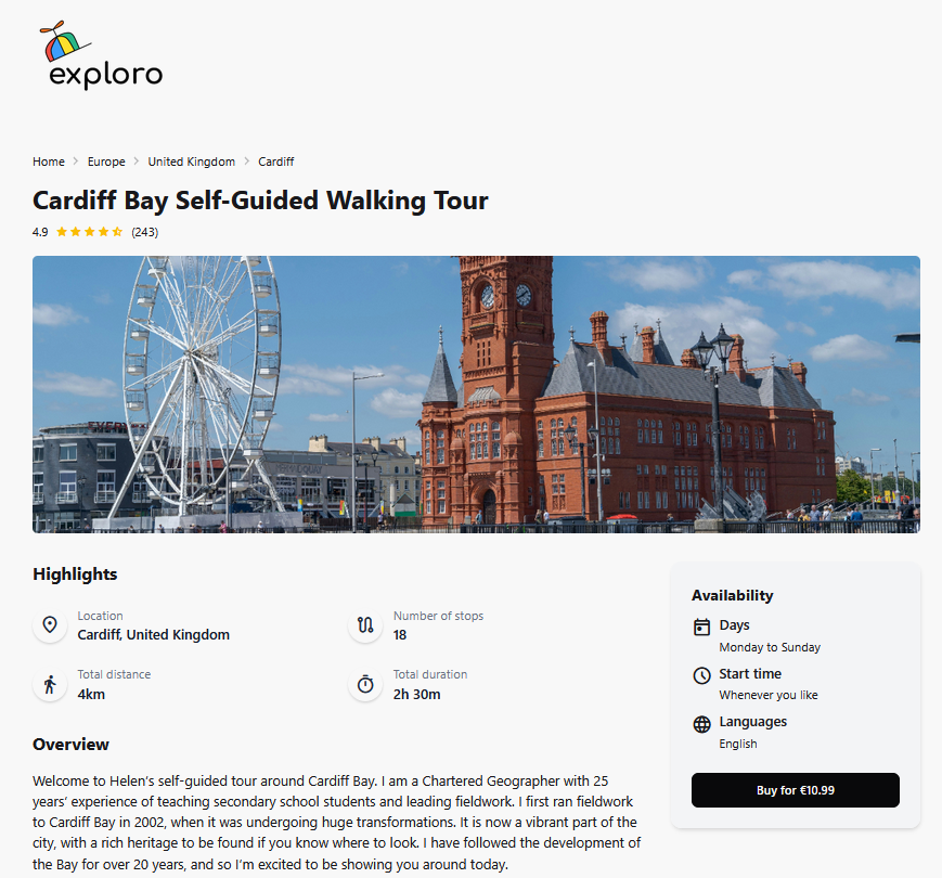 A webpage from Exploro.app showing the Cardiff Bay tour. There is an image of Cardiff Bay, showing the Pierhead Building, and highlights of the tour.