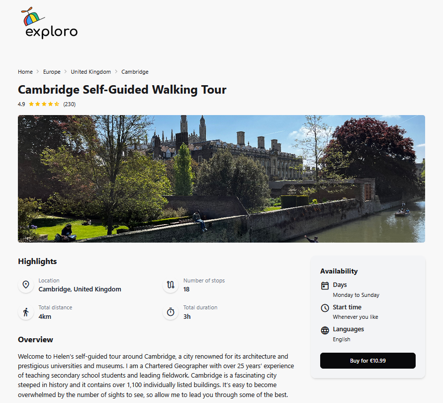 A webpage from Exploro.app showing the Cambridge tour. There is an image of Cambridge, showing punting on the River Cam, and highlights of the tour.