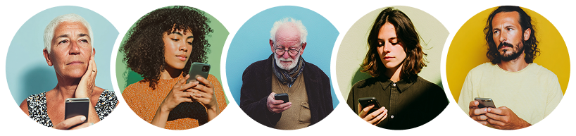 Profielfoto's van mensen van verschillende leeftijden op hun smartphone