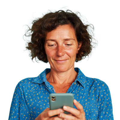 Een vrouw van 45 jaar met krulhaar kijkt tevreden op haar smartphone