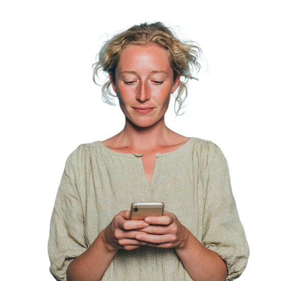 Een blonde vrouw kijkt op haar smartphone