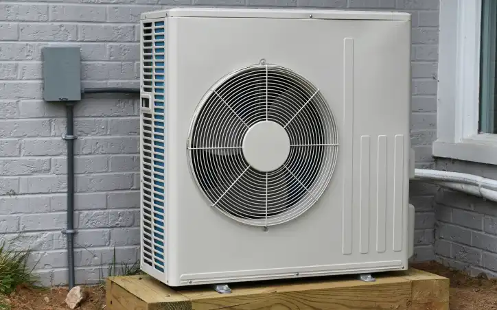 A white heat pump sitting on top of a wooden block.