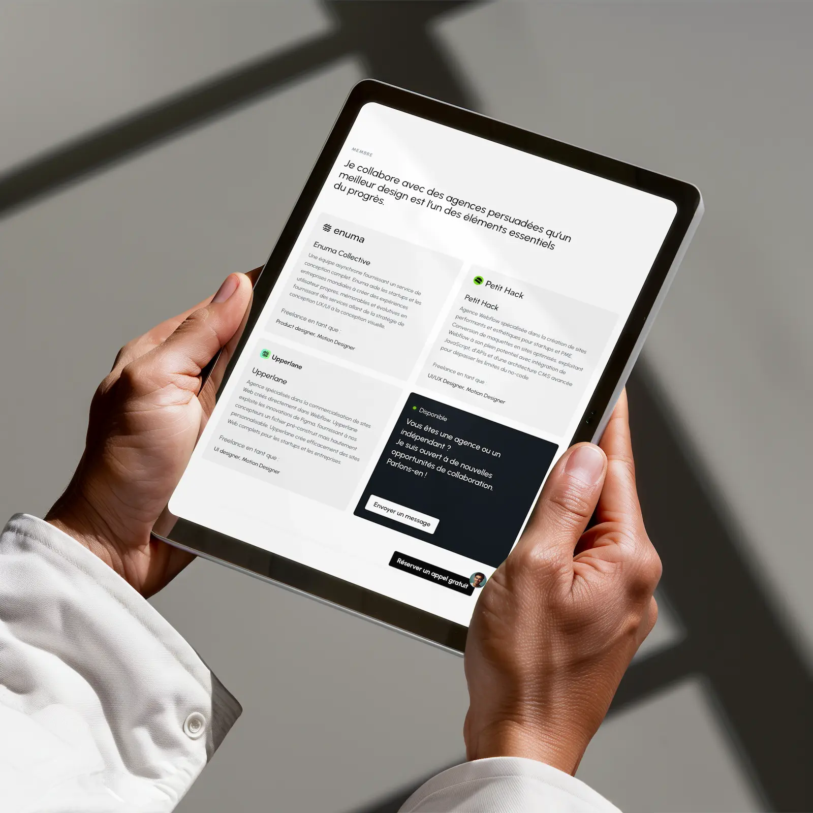 Section du portfolio de Toni D’Eramo sur iPad – intégration responsive réalisée sur Webflow