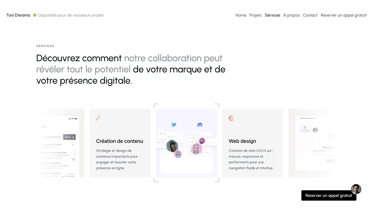 Header de la page "Services" du portfolio de Toni D’Eramo – développement Webflow personnalisé