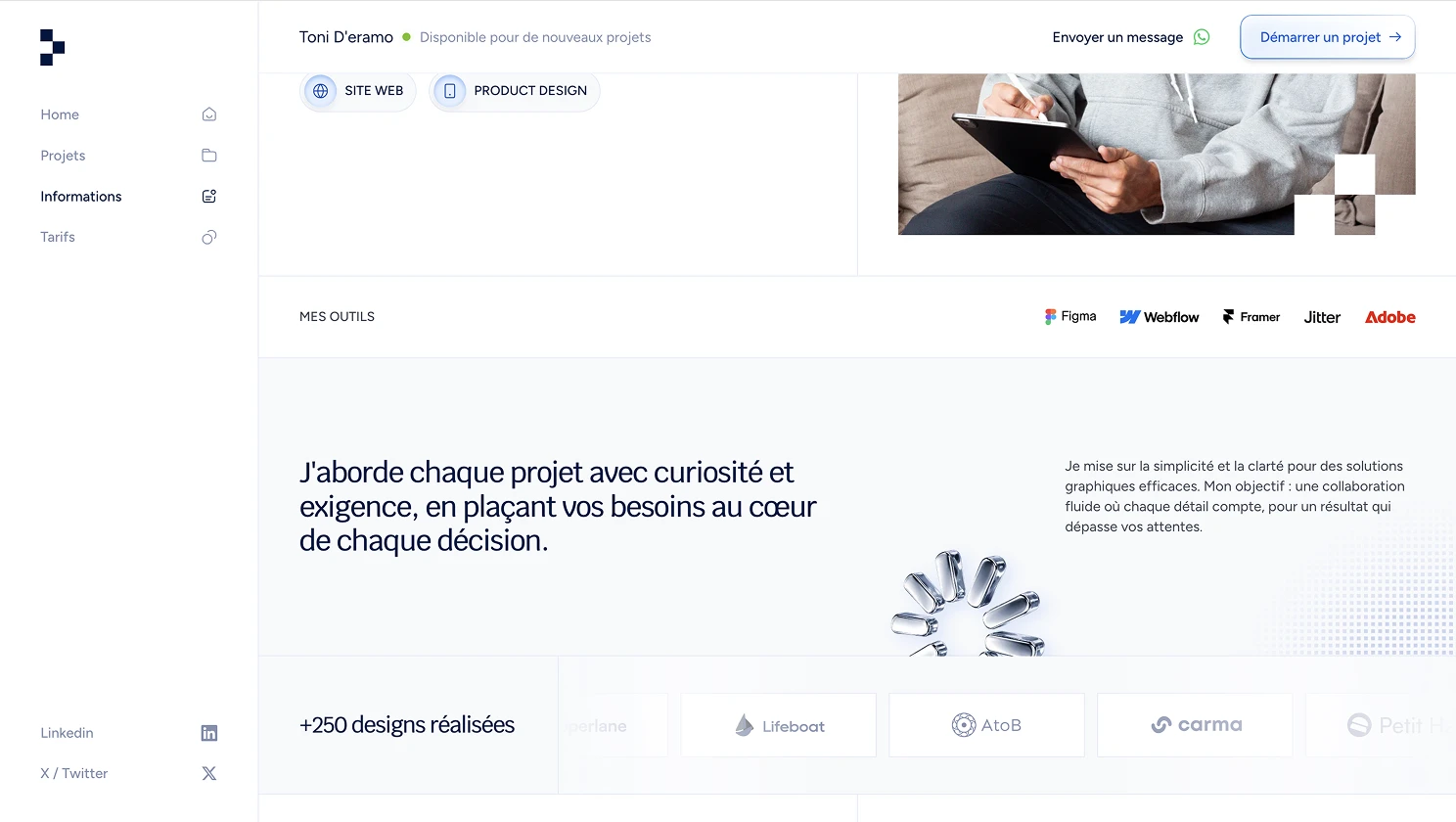 Page informations du portfolio de Toni D'Eramo Brand & Web designer 