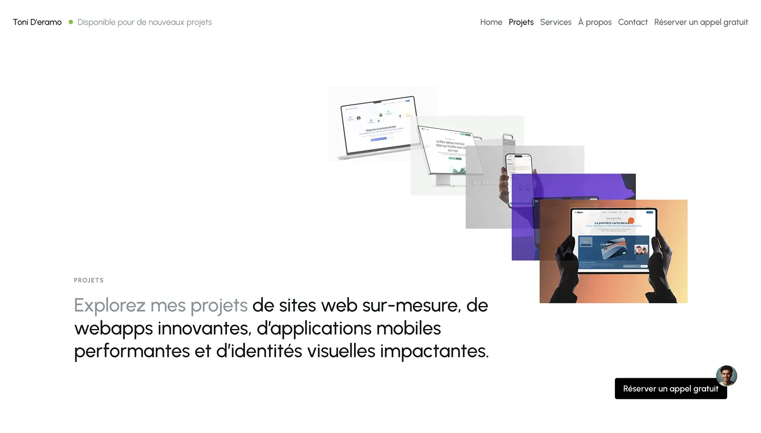 Header de la section "Projets" du portfolio de Toni D’Eramo – animation GSAP au survol de la souris