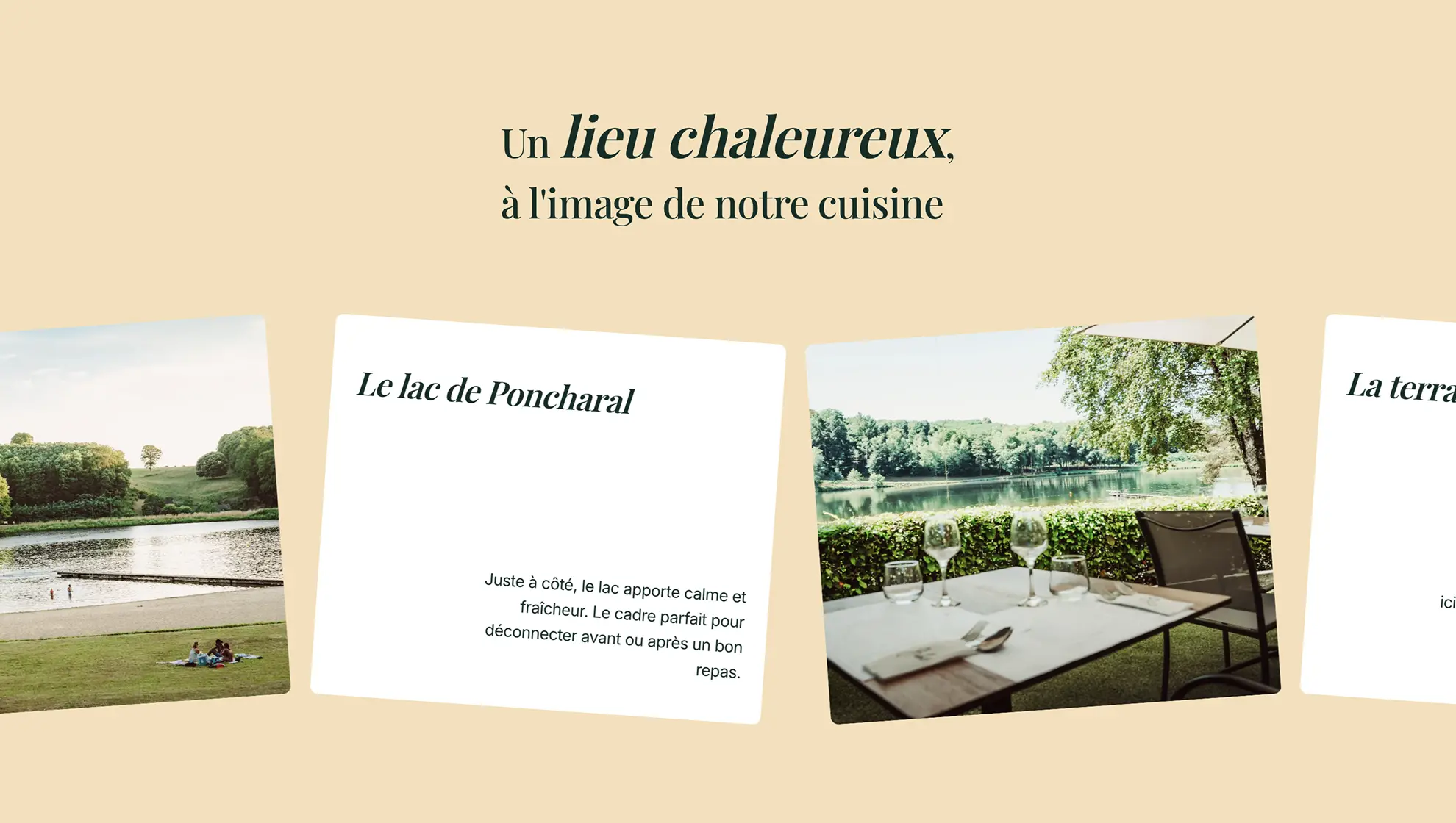 Section "Lieu" du site de la Brasserie Jibé – vue du lac de Pontcharal, de la terrasse et de l’intérieur du restaurant