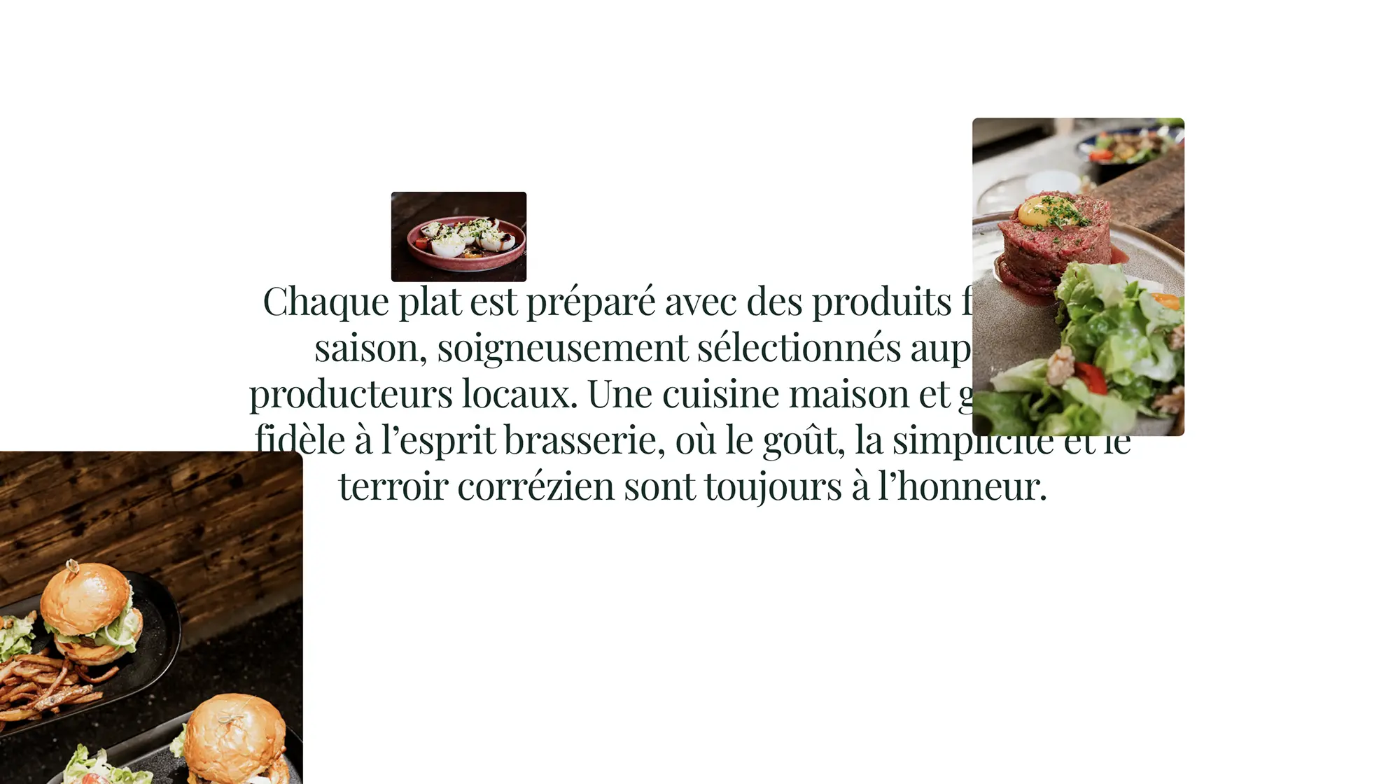 Section "Cuisine" du site vitrine de la Brasserie Jibé – photos de plats et contenu éditorial