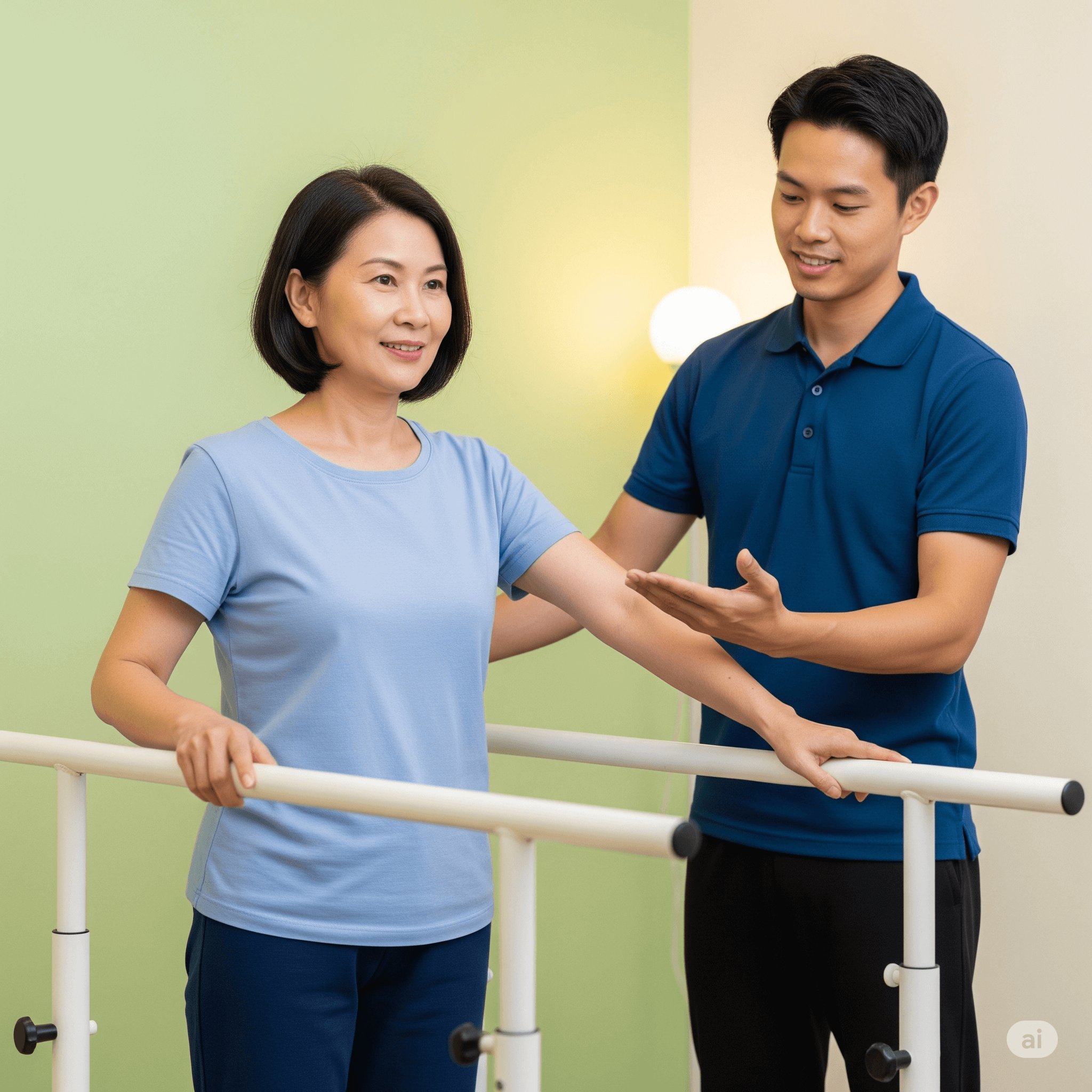 An image of a therapist wearing a blue polo t-shirt helping a lady who has suffered a stroke to walk