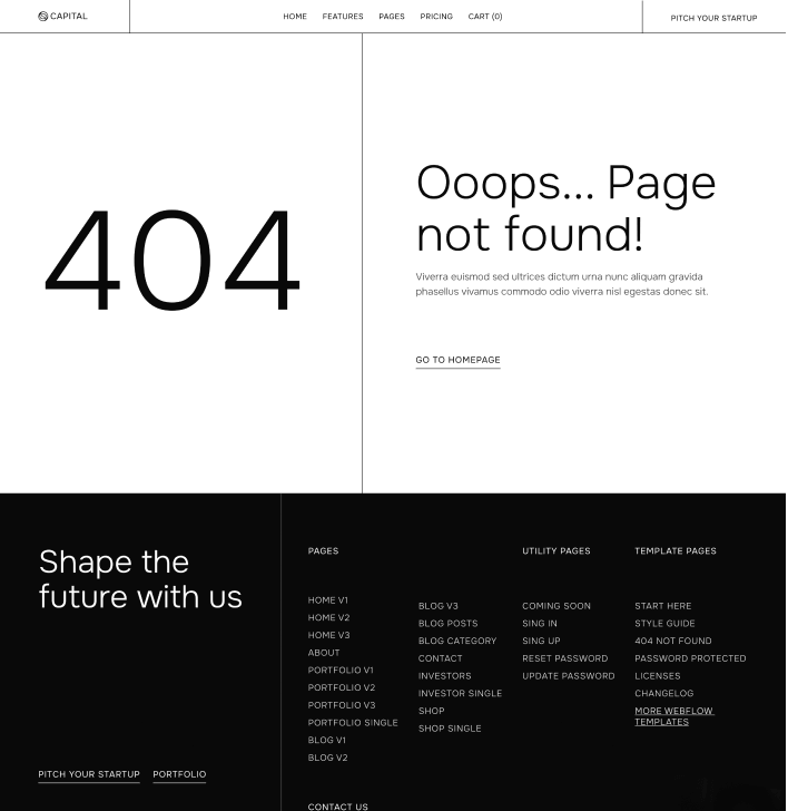 Capital - 404 Not Found Utility Page - Venture Capital Webflow Template | Brix Templates