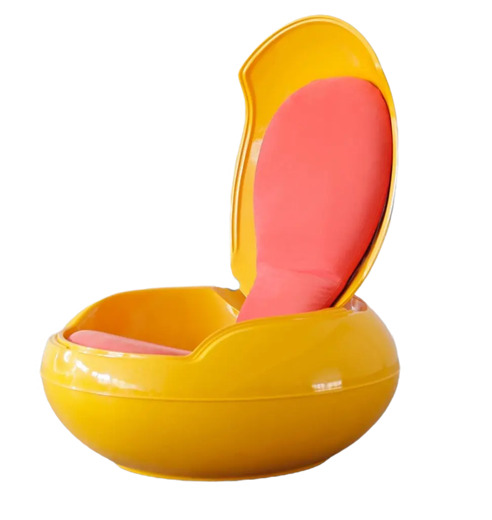Retro yellow pod chair with a pink cushion and a partially closed shell-like backrest