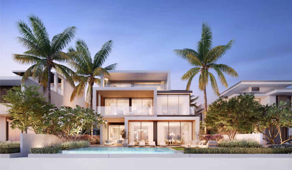 A three-story luxury villa with a swimming pool in beachfront view at Palm jebel ali, Dubai