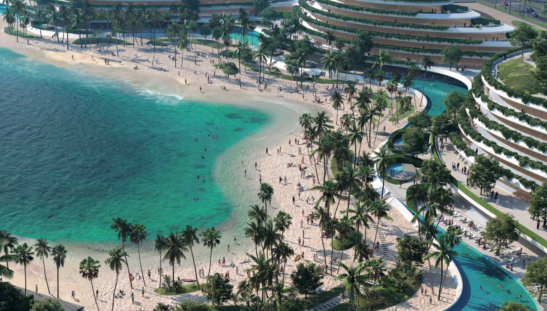 A scenic beach view during sunset featuring palm trees, with a hotel and infinity pool in the foreground.