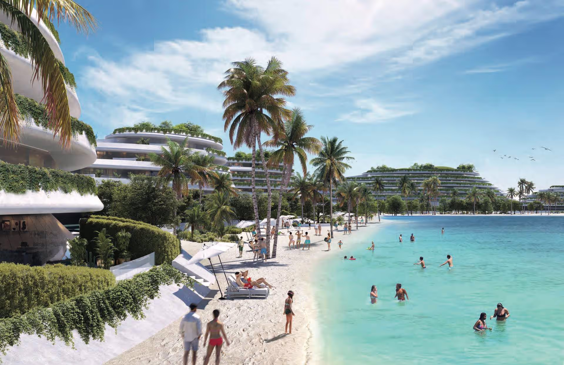 People delight in the hot weather season at Palm Jebel Ali's white sand beach.