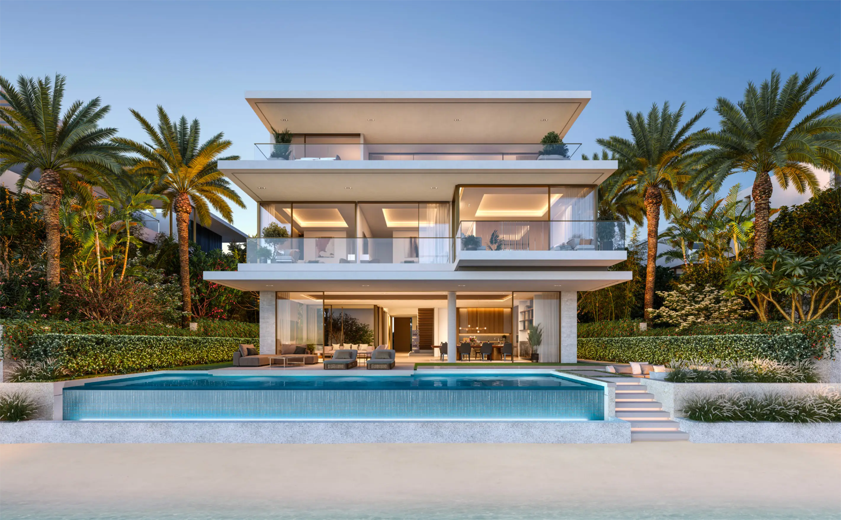 A luxury villa with a private pool overlooking the beach at Palm Jebel Ali.