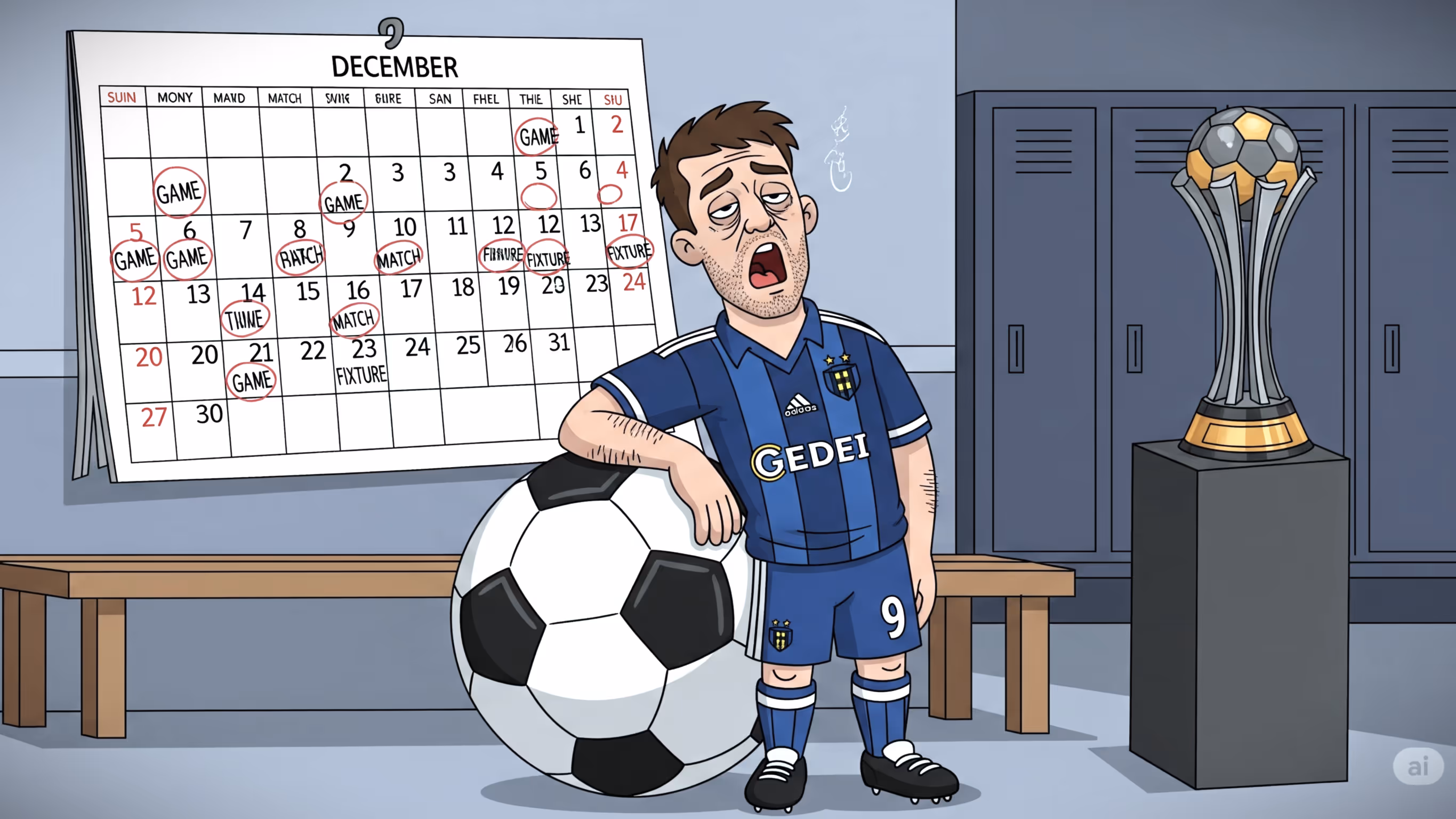 Fatigued player in change room in the FIFA Club World Cup with busy calendar and giant football