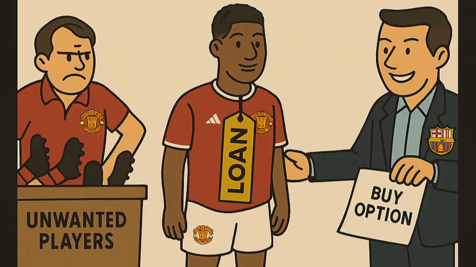 Cartoon-style illustration showing Manchester United’s difficulty in offloading players. On the left, a frustrated club official stands beside a crate labeled “Unwanted Players,” filled with football boots and red socks. In the center, Marcus Rashford wear