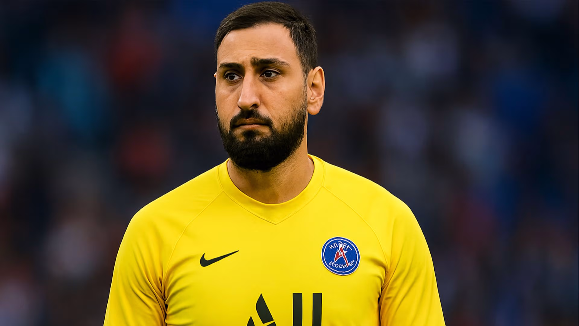 Close‑up photograph of Gianluigi Donnarumma, Italian goalkeeper for Paris Saint‑Germain, wearing a bright yellow PSG goalkeeper jersey with the club crest on the left chest, black Nike logo on the right, and “ALL – Accor Live Limitless” sponsor across the 