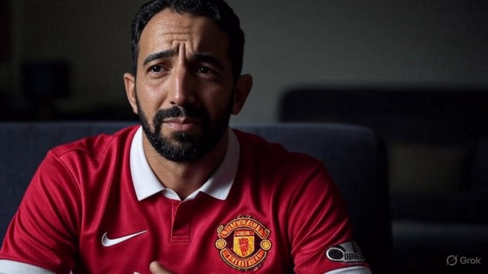 Close‑up indoor photograph of Manchester United manager Ruben Amorim wearing a red Manchester United jersey with white Nike logo, central club crest, and “One World One Game” patch on the left sleeve. He is seated on a dark couch against a dimly lit backgr