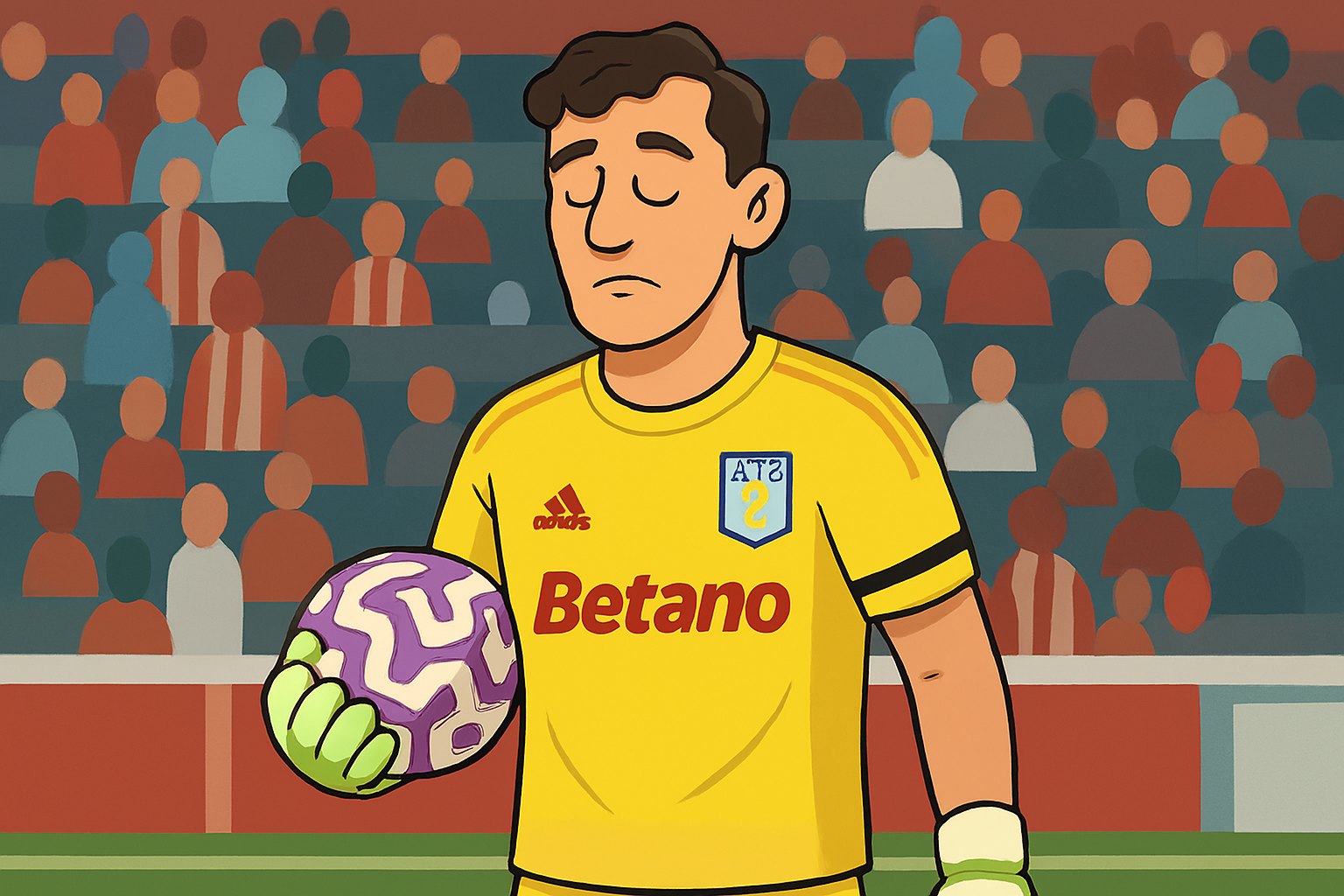 Cartoon‑style illustration of Emiliano Martínez, Aston Villa goalkeeper, wearing a bright yellow kit with the AVFC crest and Betano sponsor, holding a purple‑and‑white football during a match, with a blurred crowd in the background, looking worried