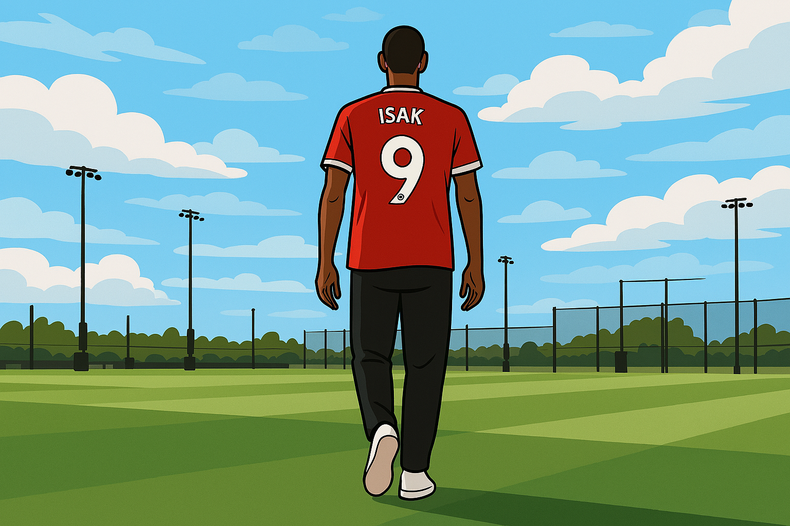 Cartoon‑style illustration of footballer Alexander Isak walking across a green soccer field in a red jersey with “ISAK” and number 9 on the back, black pants, and white sneakers, under a blue sky with clouds and stadium floodlights in the background.