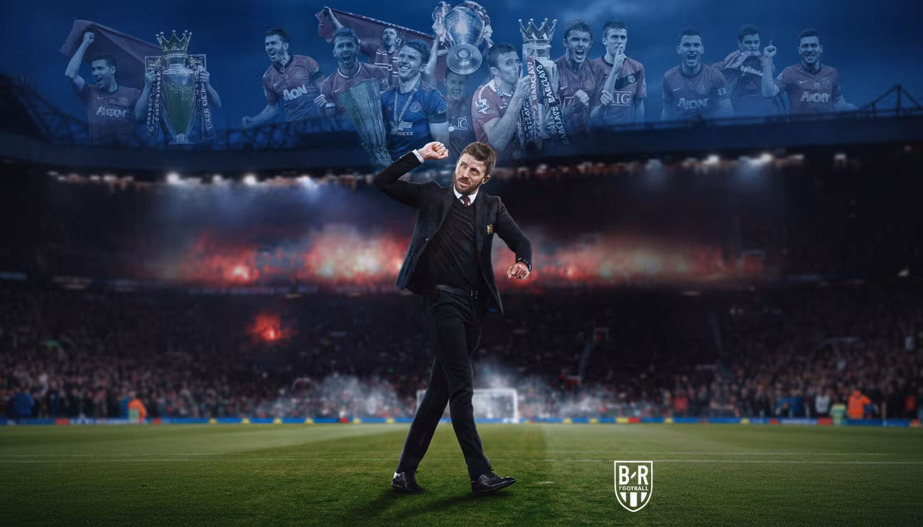 Michael Carrick in a suit celebrates, with a montage of his Manchester United trophy-winning career behind him.