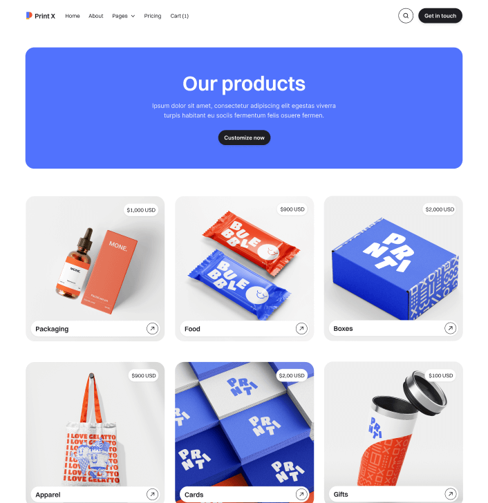Print X - Products Main Page - Printing Services Webflow Template