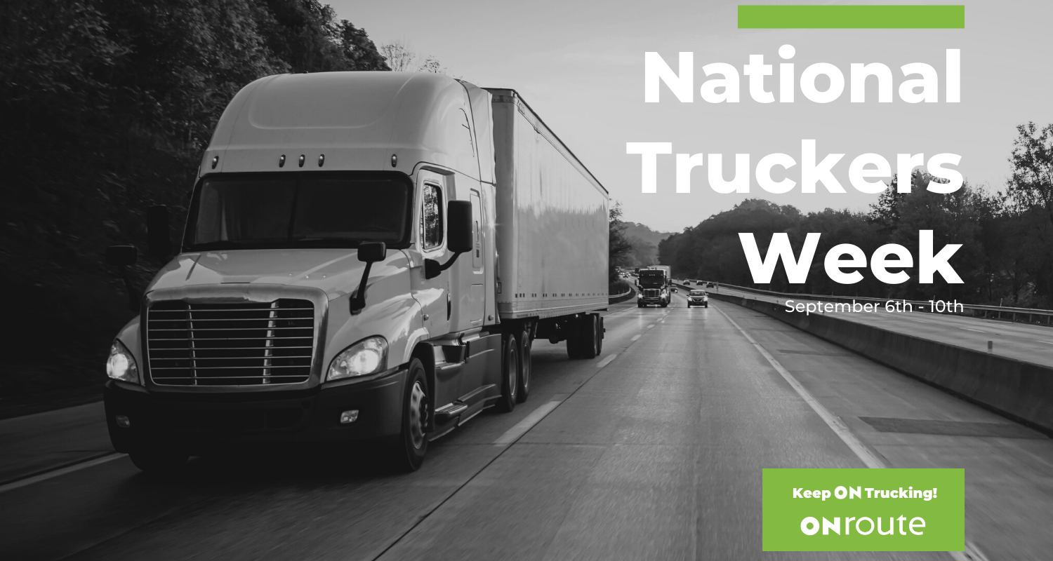 Black and white image of truck on highway with written details regarding the upcoming promotions for National Truckers Week 2021