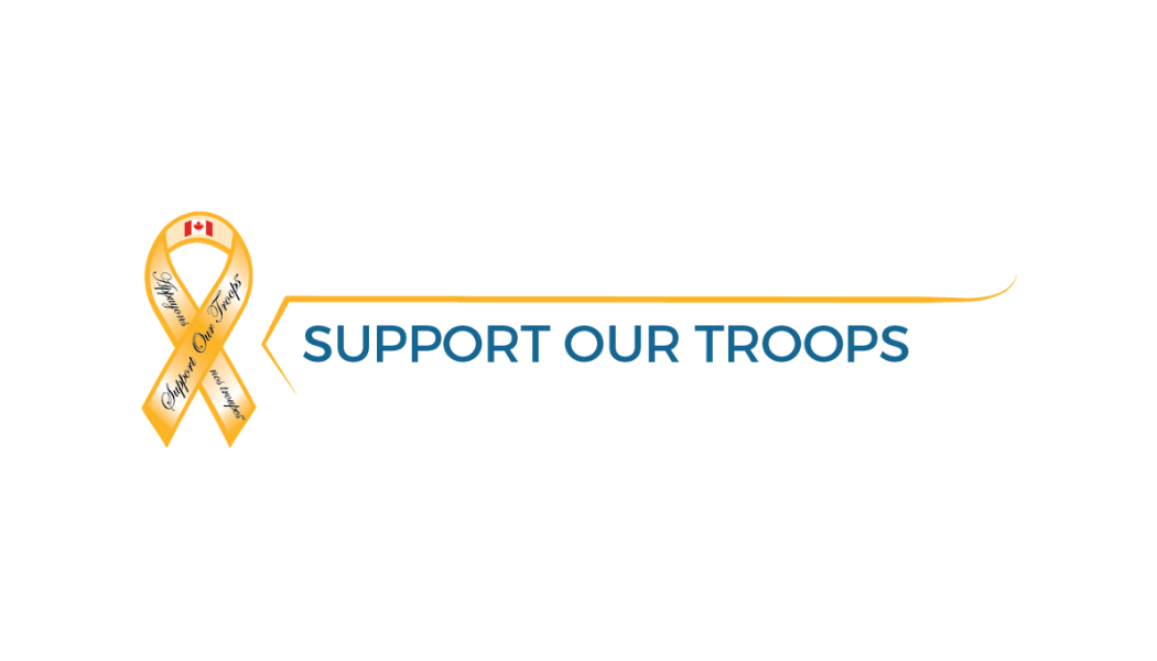 Support Our Troops logo. Yellow ribbon with company name beside it 