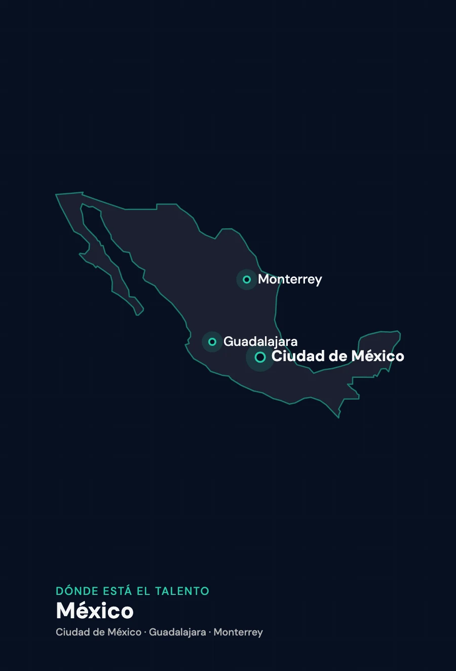 Mapa de México con las ciudades donde .bord encuentra talento: Ciudad de México, Guadalajara y Monterrey