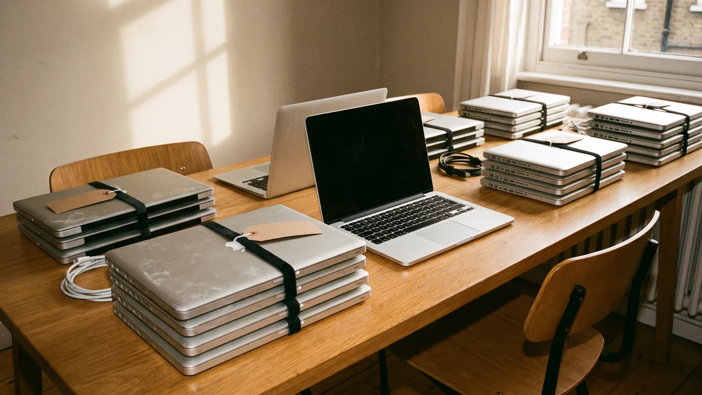 Mesa de trabajo con varias laptops usadas apiladas con cuidado y una abierta, con luz de tarde