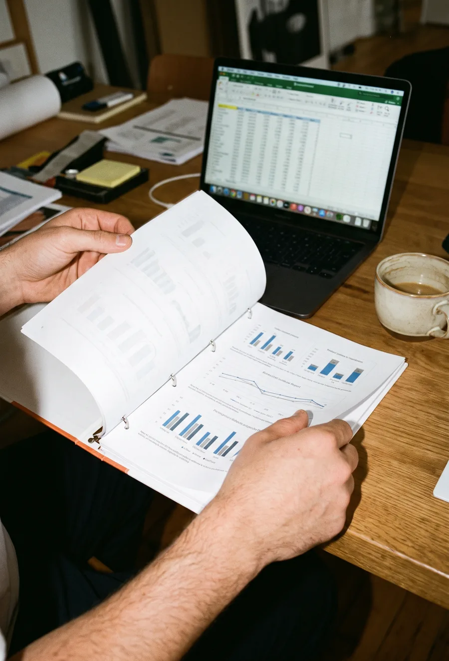 Manos pasando las páginas de un informe impreso con gráficas, junto a una laptop abierta