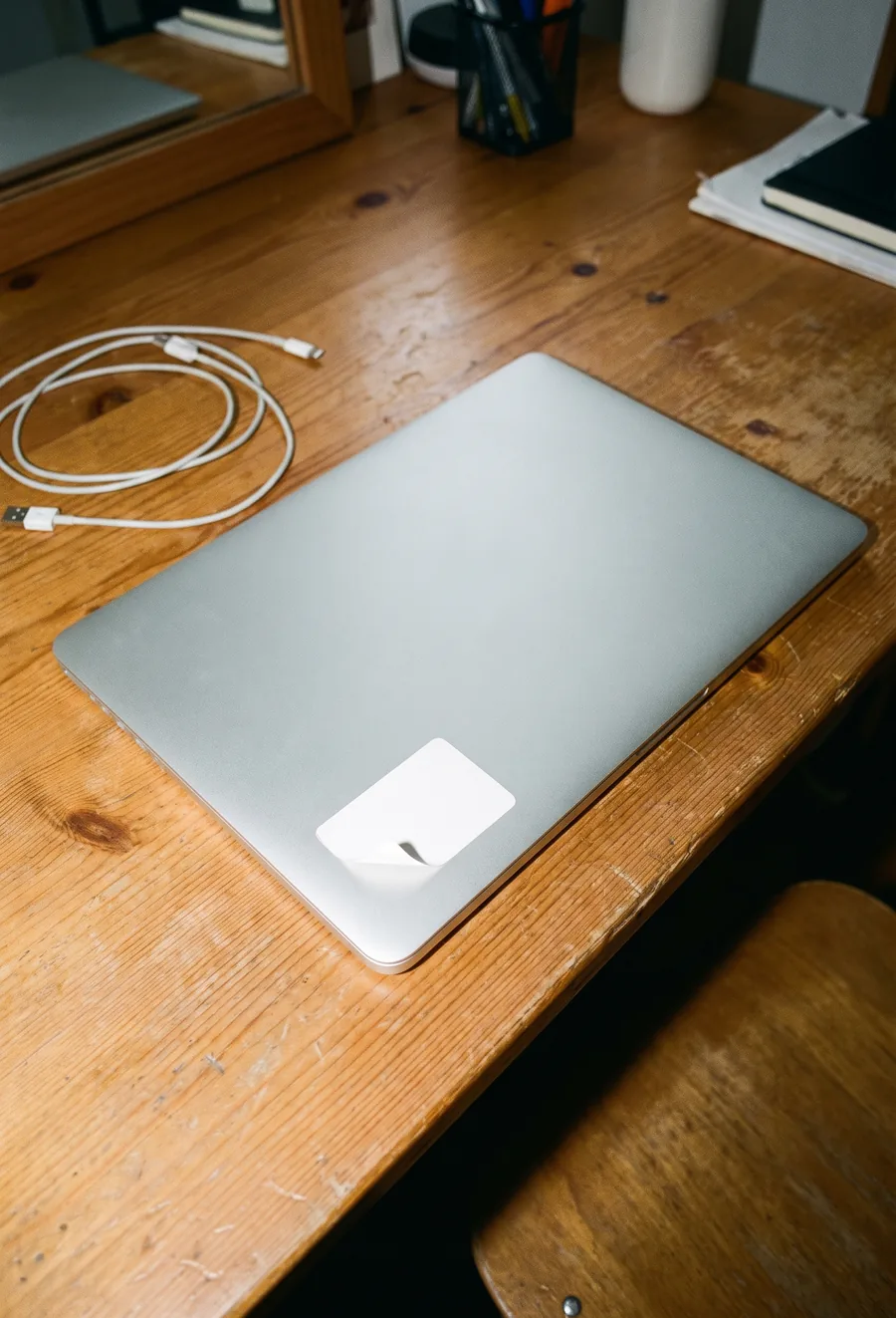 Laptop cerrada sobre un escritorio con una etiqueta de activo despegándose y un cable suelto