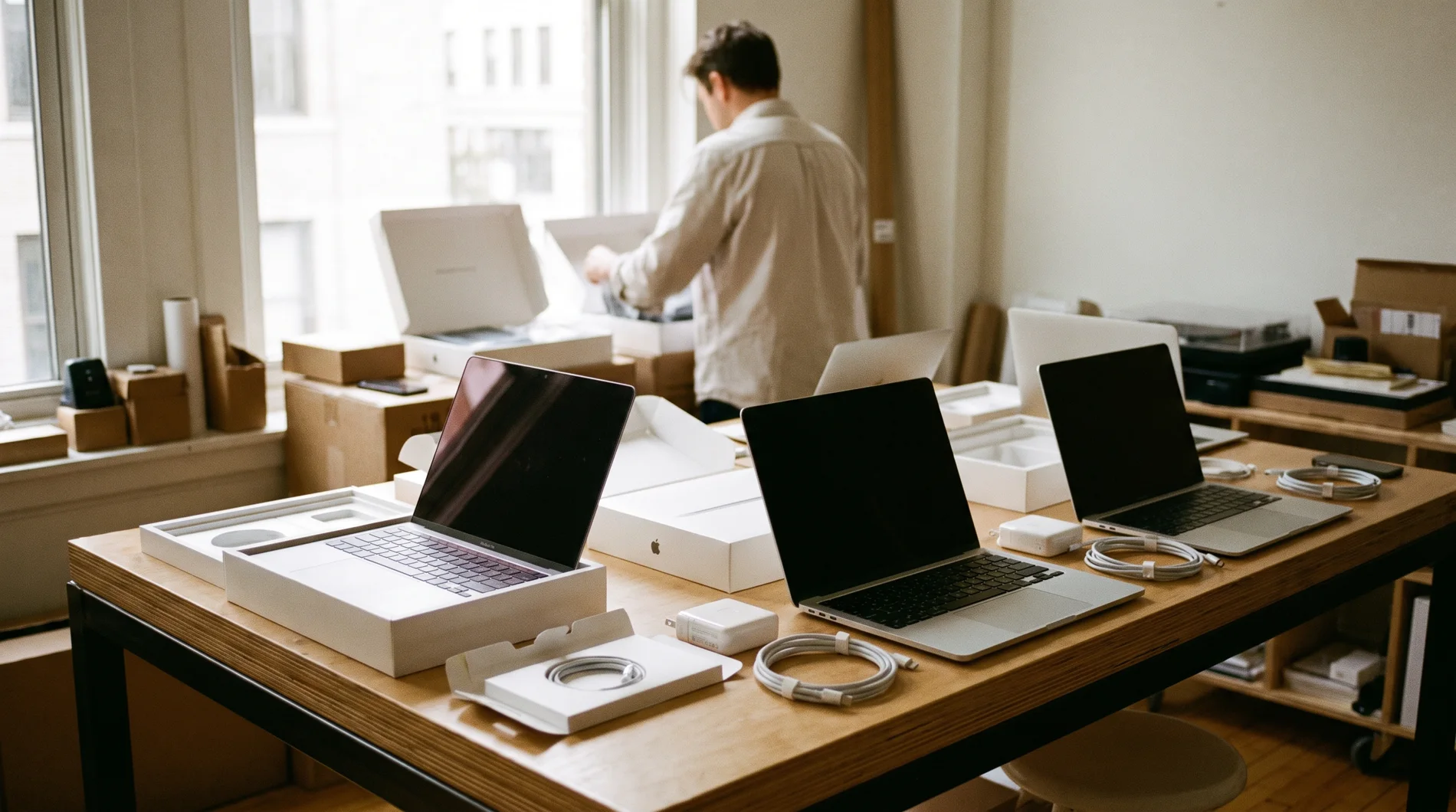 Kits de portátiles preparados sobre una mesa de trabajo, listos para entregar