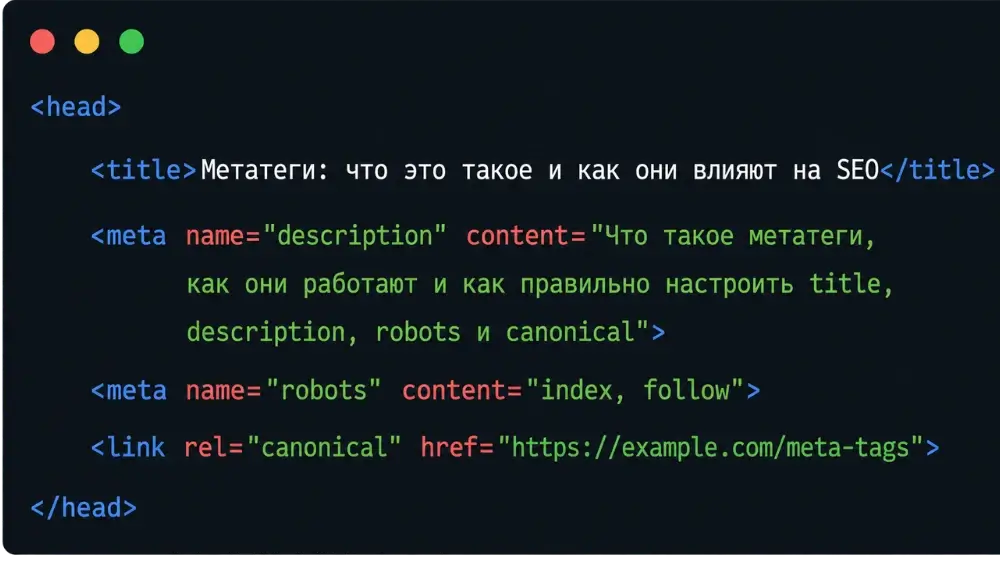Вот базовый пример того, как могут выглядеть метатеги HTML в коде: