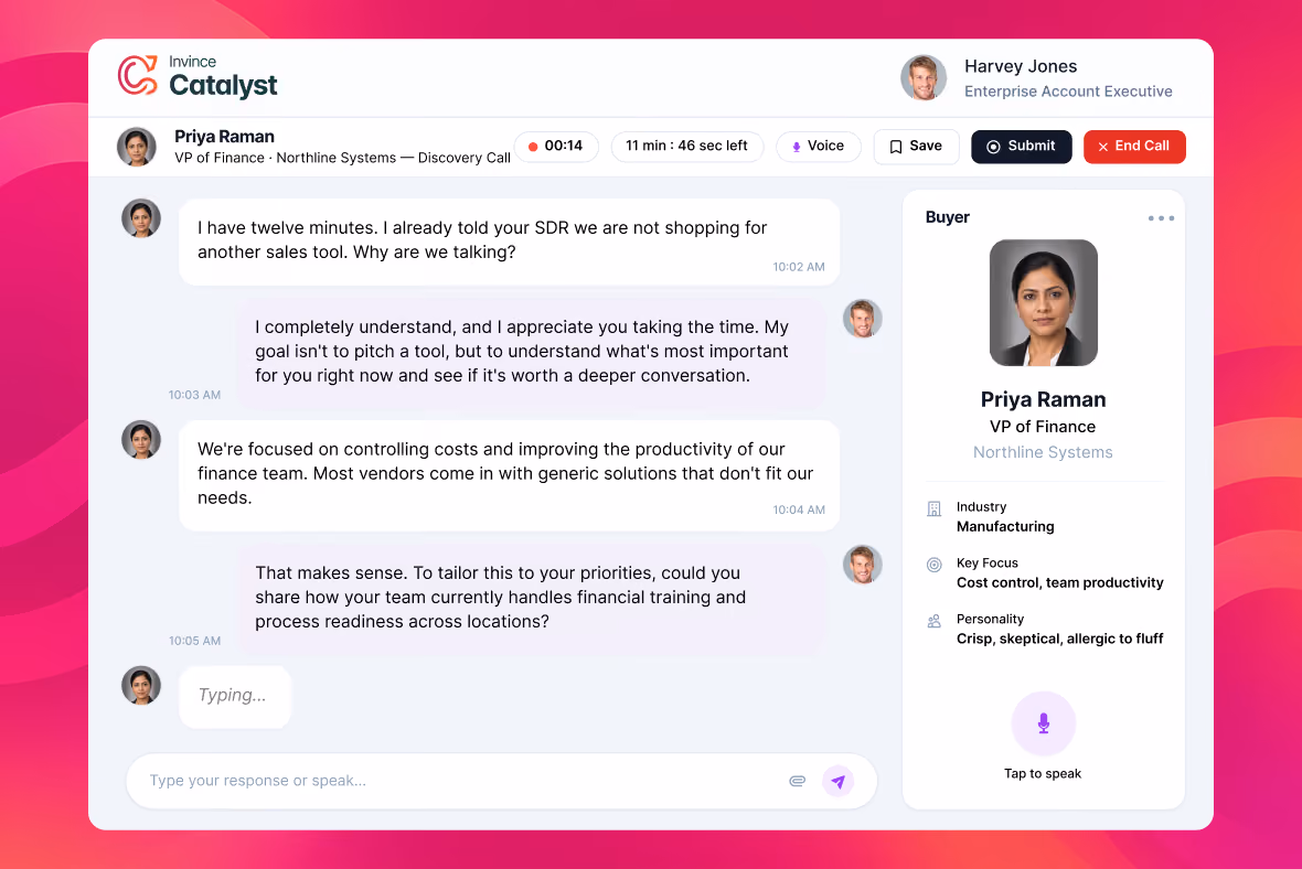 Screenshot of a text and voice-based session interface from Invince Catalyst featuring a conversation between Priya Raman, VP of Finance at Northline Systems, and Harvey Jones, Enterprise Account Executive. The chat shows a timed call with voice and save options, messages about sales tool discussions and financial team productivity, and a sidebar with Priya Raman's profile detailing industry, key focus areas, and personality traits, plus a 'Tap to speak' button.