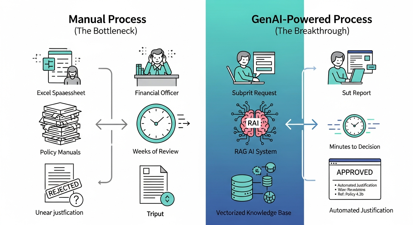 A comparative diagram showing the manual vs. GenAI budget approval process. The manual side depicts a slow, paper-based workflow taking weeks for an unclear decision. The GenAI side shows a fast, digital workflow where an AI provides a justified decision in minutes.