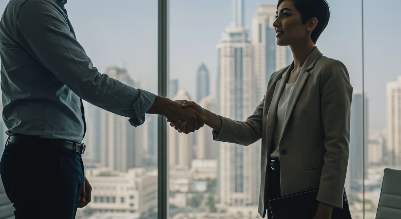 Male and female business partners shaking hands