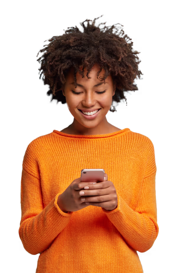 satisfied hipster girl with afro-haircut types text message cell phone enjoys online communication