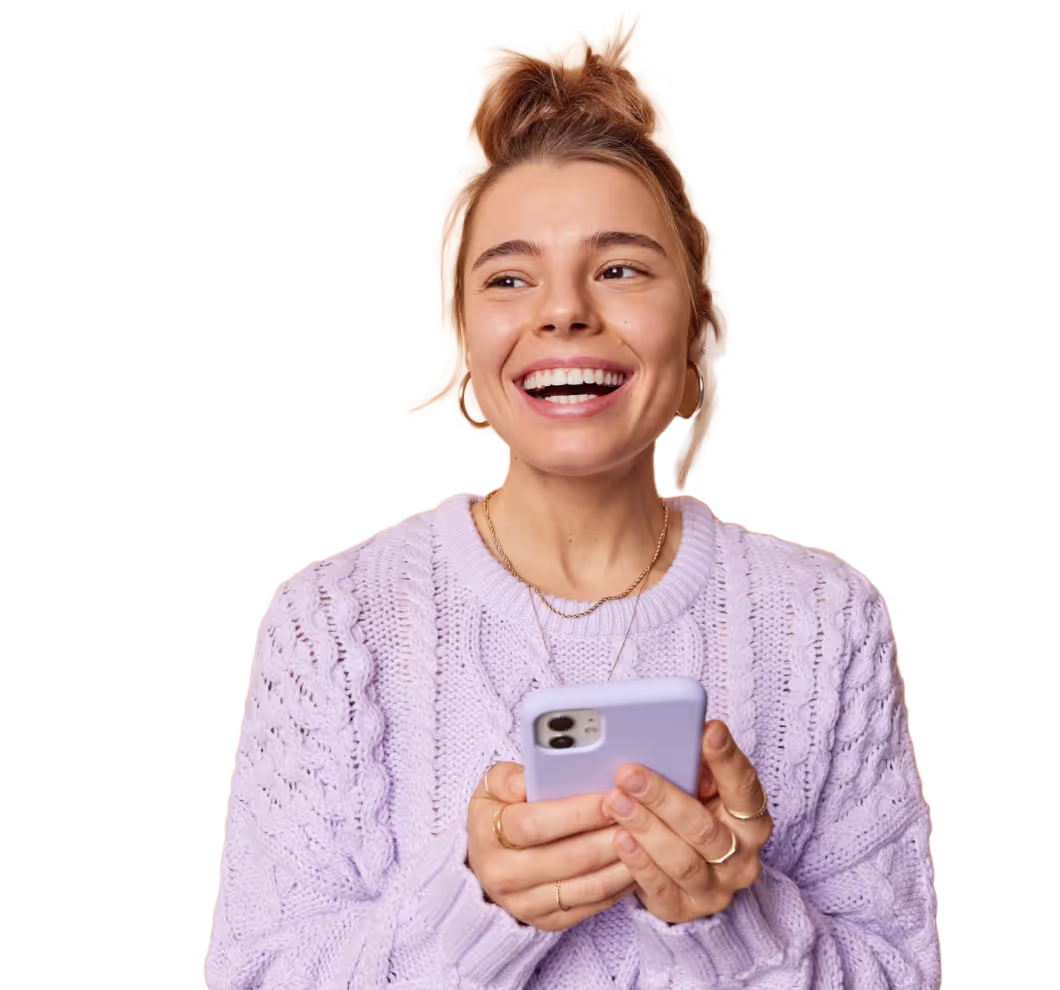 satisfied hipster girl with afro-haircut types text message cell phone enjoys online communication